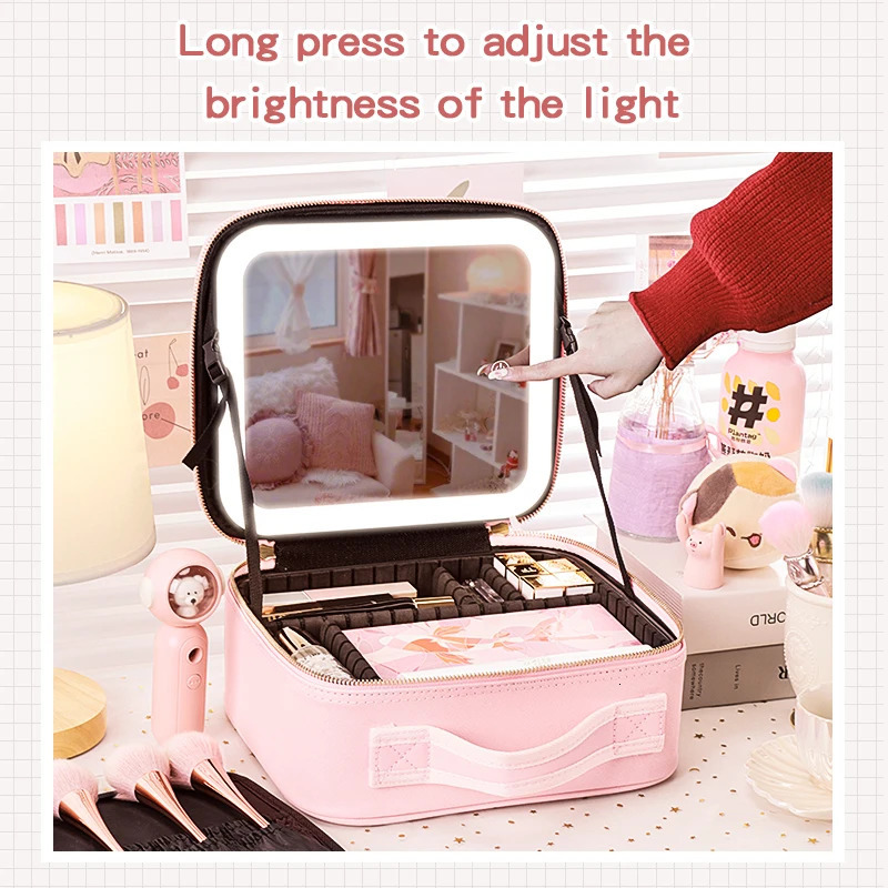 Travel Makeup bag with Large Lighted Mirror Partitionable Cosmetic Bag Professional Cosmetic Artist Organizer Waterproof Porta 250224