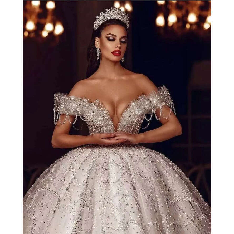 Princess Ball Gown Wedding Dresses Appliques Deep V Neck Off Shoulder Sleeveless Sequins Beads Lace Ruffles Or Length Shiny Bridal Gowns Plus Size Cus