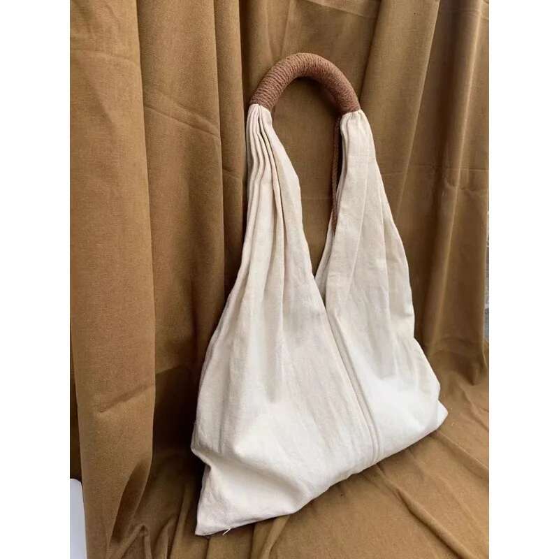 French Retro Cotton And En , Literary Canvas Solid Color Casual Handbag, Cloth Bag, Women's Bag