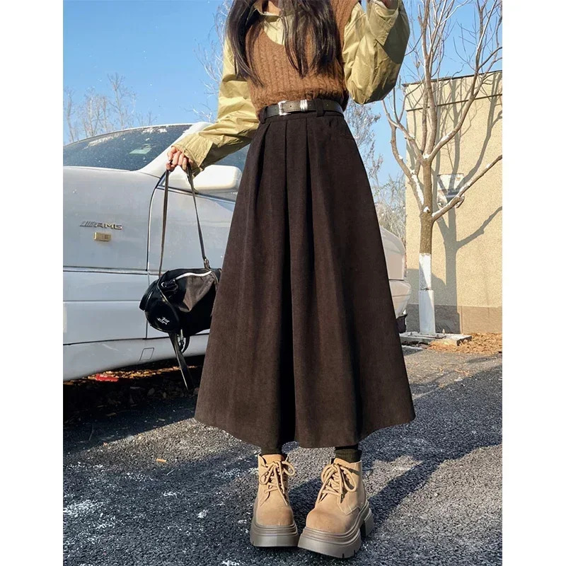 Vintage Belt Corduroy Midi Skirts Women Streetwear Black High Waist Pleated Skirt Fall Winter Chic All Match A Line Faldas 250224
