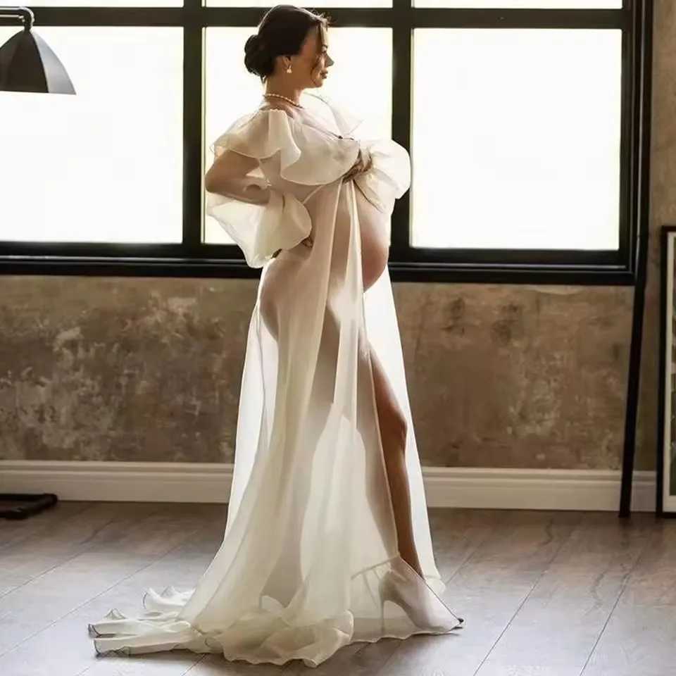 Boho Maternity Photo Shoot Chiffon Dress Ruffle Neck Lantern Sleeve With Tie Cord Pregnancy Robe For Baby Shower X250224