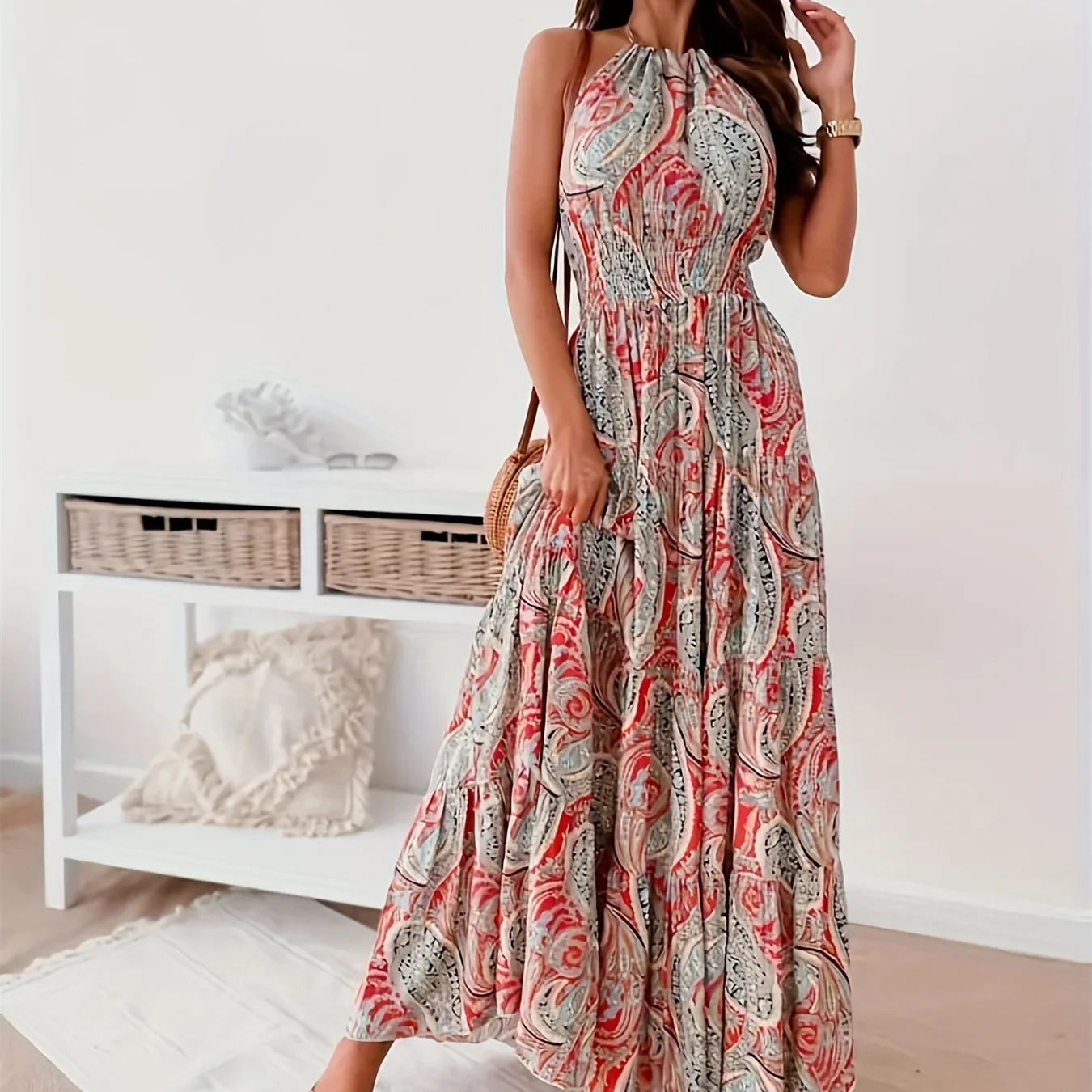 Contrast Color Female Dresses Elegant Loose Summer Beach Women Long Dress High Waist Sleeveless Fashion Midi Length 250225