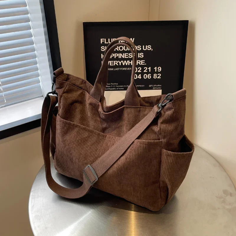 Simple Color Multi-pocket Corduroy Tote Bag Large-capacity Casual Backpack Suitable for Outdoor Travel Commuting Work Handbags 250224