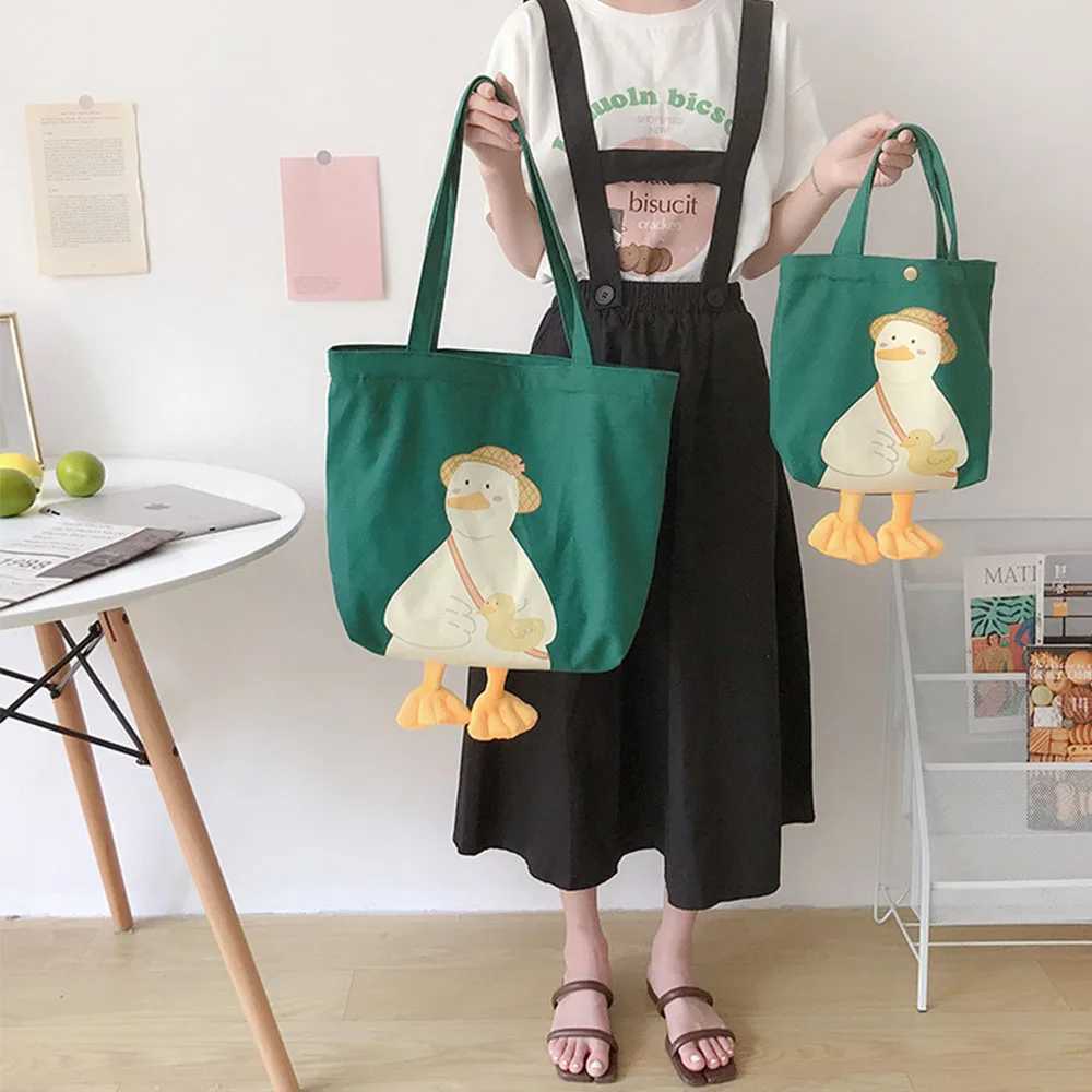 New Women Shoulder Shopper Bag Cute Duck Cartoon Print Casual Kawaii Canvas Tote Shopping Bag Cotton Cloth Eco Handbags tote bag Z250224
