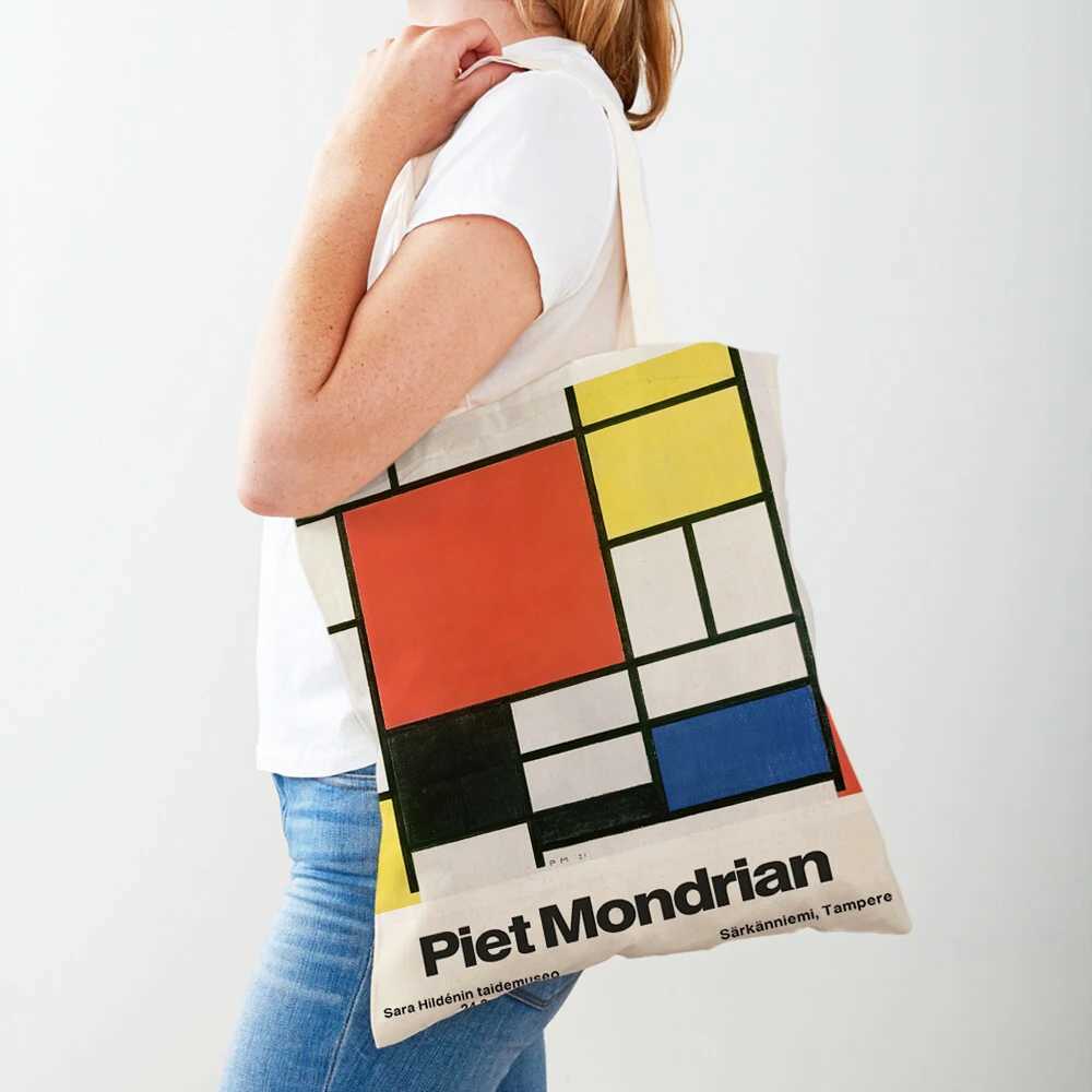 Piet Mondrian Geometric Line Color Block Double Printing Shopping Bag Womens Shopping Bag Womens Canvas Handbag Reusable Travel Bag Z250224