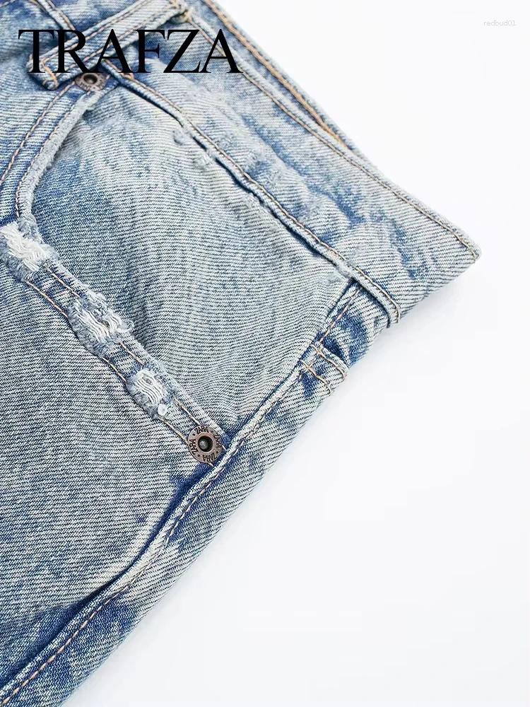 Women's Jeans TRAFZA 2025 Vintage Denim For Women 2 Colors High Waist Zipper Ripped Distressed Patchwork Causal Straight Tr
