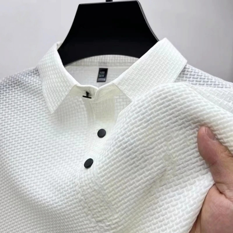 High End Embroidered Silk Knitted Hollow Polo Shirt for Mens Summer Korean Fashion Business Casual Breathable Short Sleeved Top 250225
