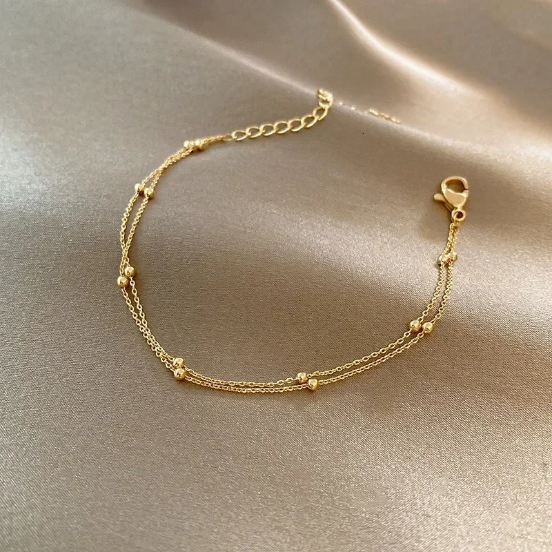 Trendy Double Layers Small Round Beads Bracelet Womens Hand Bracelets Gold Color Chain Simple Female Ball Jewelry 250213