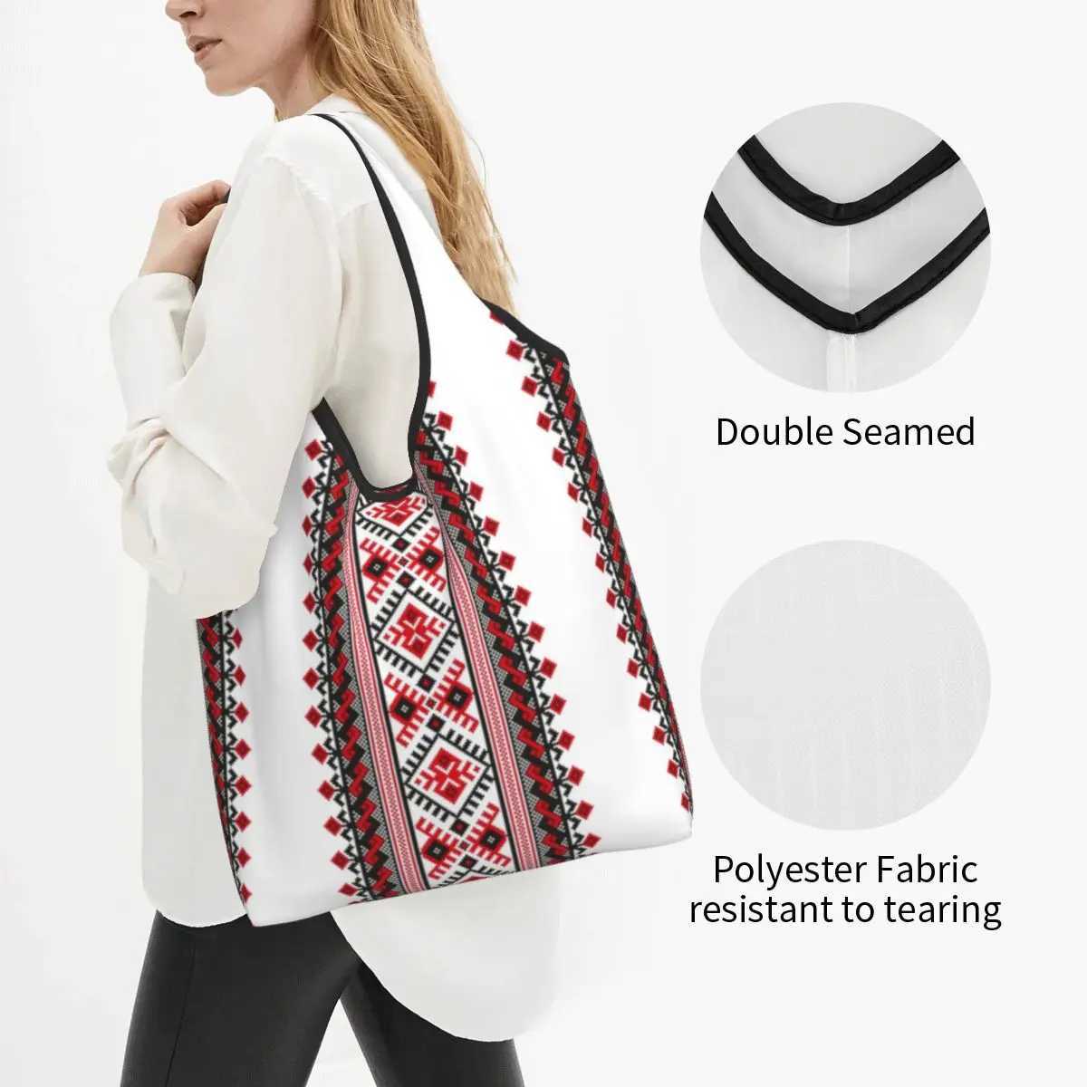 Custom Cute Ukraine Vyshyvanka Embroidery Shopping Tote Bags Portable Bohemian Geometric Grocery Shopper Shoulder Bag Z250224