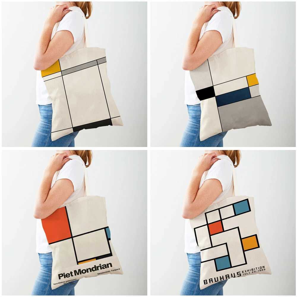 Piet Mondrian Geometric Line Color Block Double Printing Shopping Bag Womens Shopping Bag Womens Canvas Handbag Reusable Travel Bag Z250224