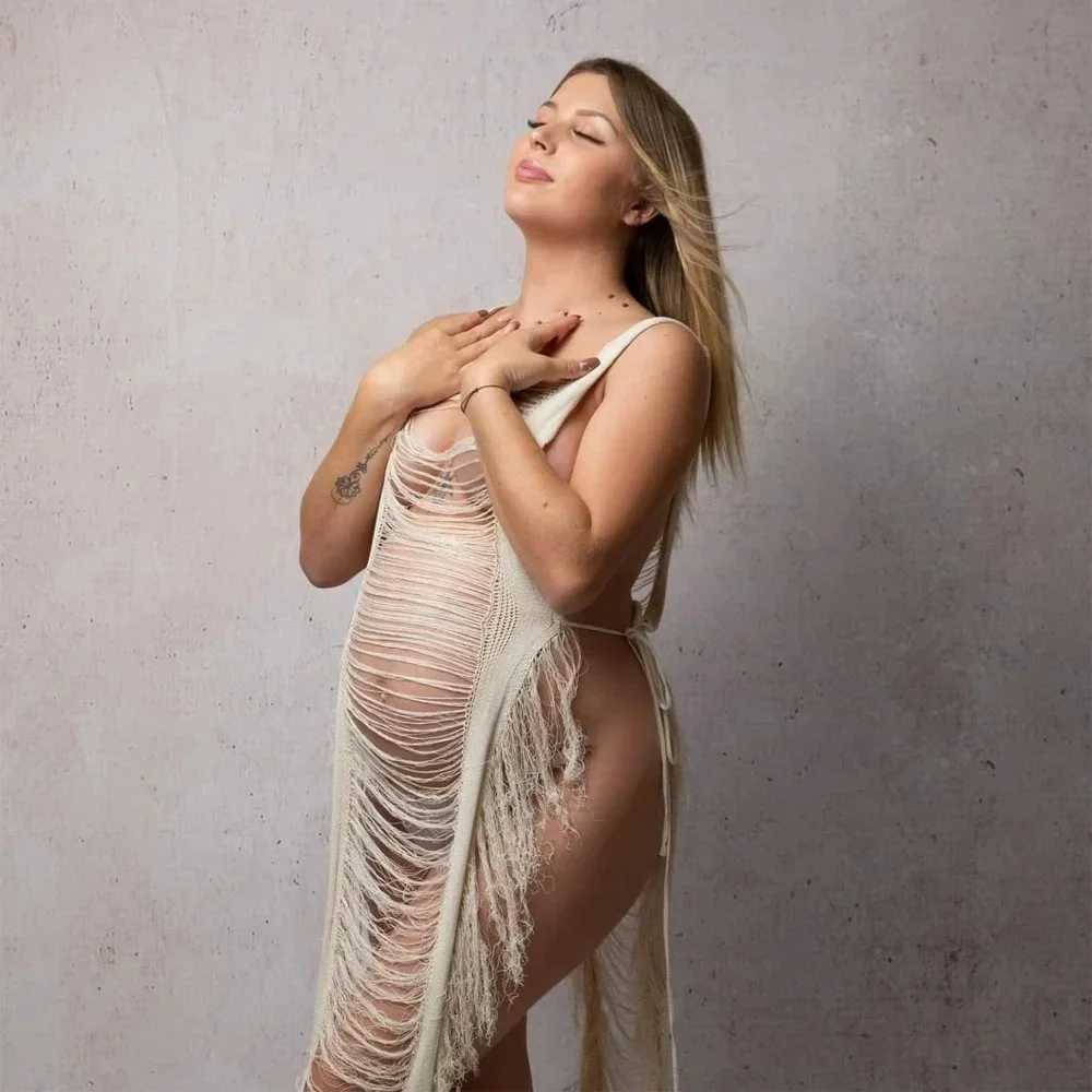Pregnant Women Hollow Out Cotton Dress For Maternity Photography Props Square Collar Sleeveless Pregnancy Photoshoot Dress Gowns X250224