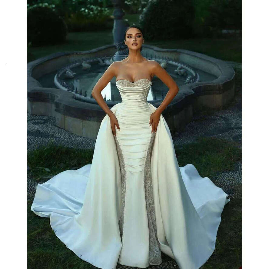 Gorgeous Wedding Dresses Mermaid Strapless Sequins Lace Pleat Detachable Train Princess Bride Dress Vestido De Novia Custom Made