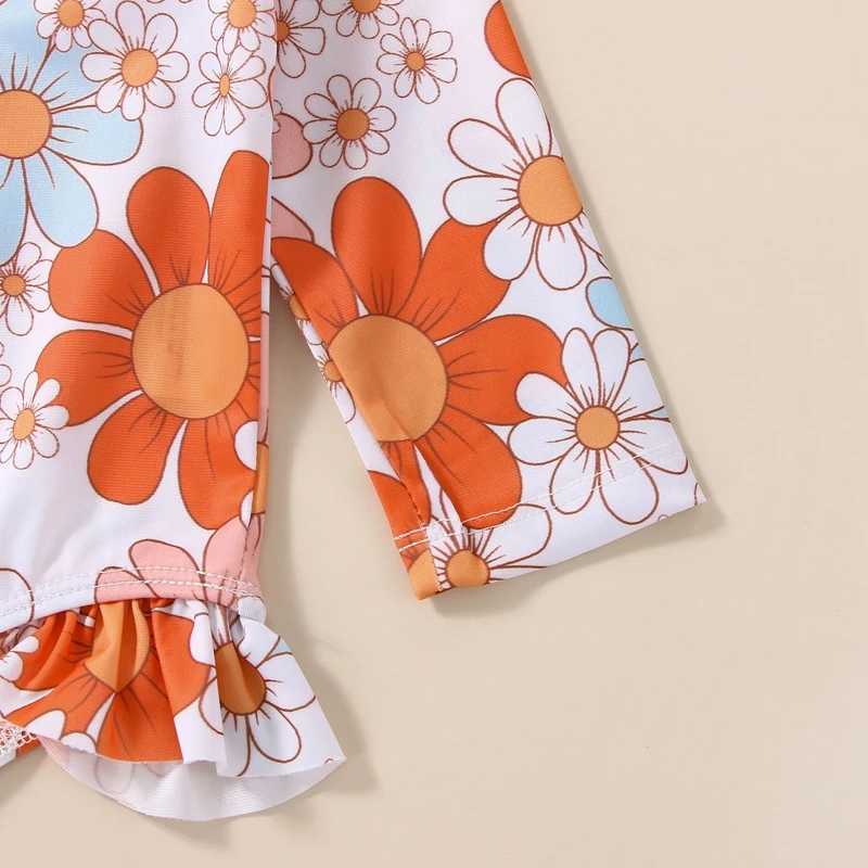 2022-12-12 Womens 0-24M Infant Girls Summer Swimsuit Flower Print Long Sleeve Zipper Closure Ruffle Bikini Swimming Cap X250224