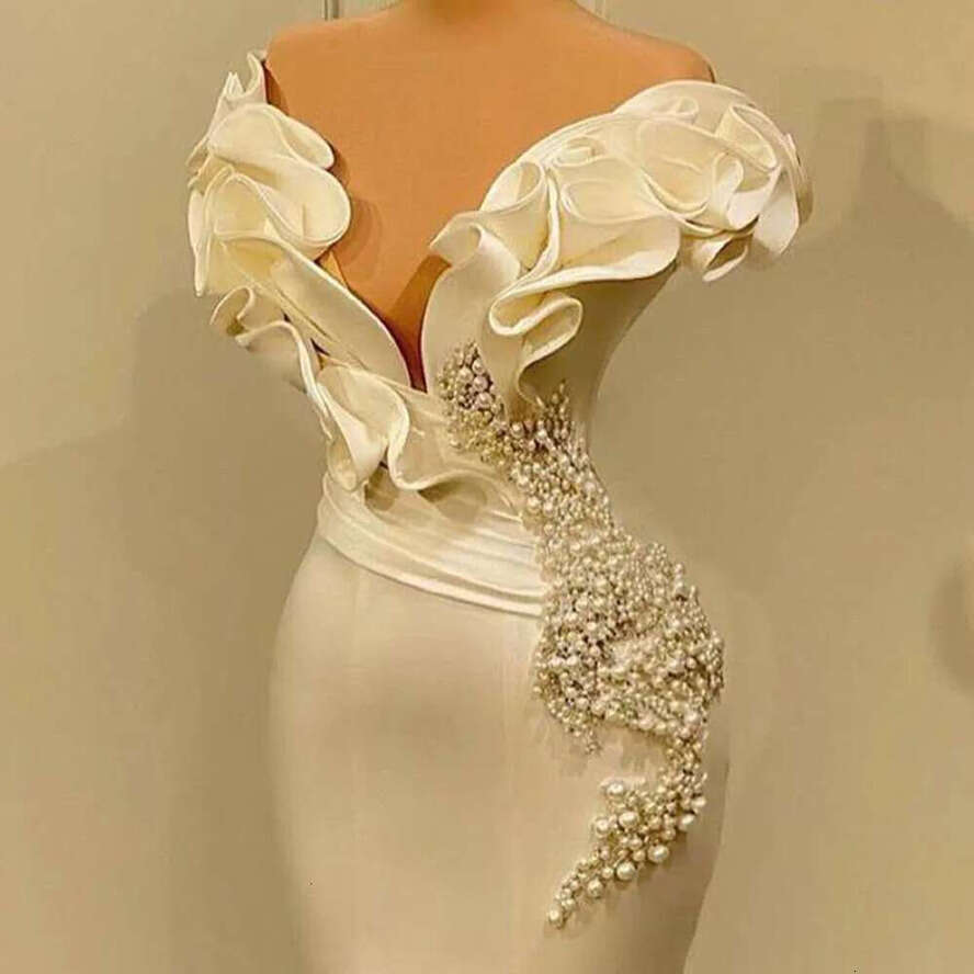 Long Evening Dresses Off The Shoulder Pearl White Satin Mermaid Dubai Women Formal Ocn Prom Party Gowns Vestido