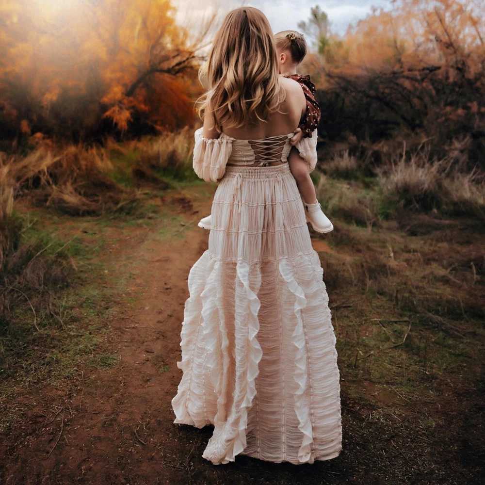 Womens photography dress almond elegant chiffon lace long sleeved dress two-piece set for pregnant womens photo shoot X250224