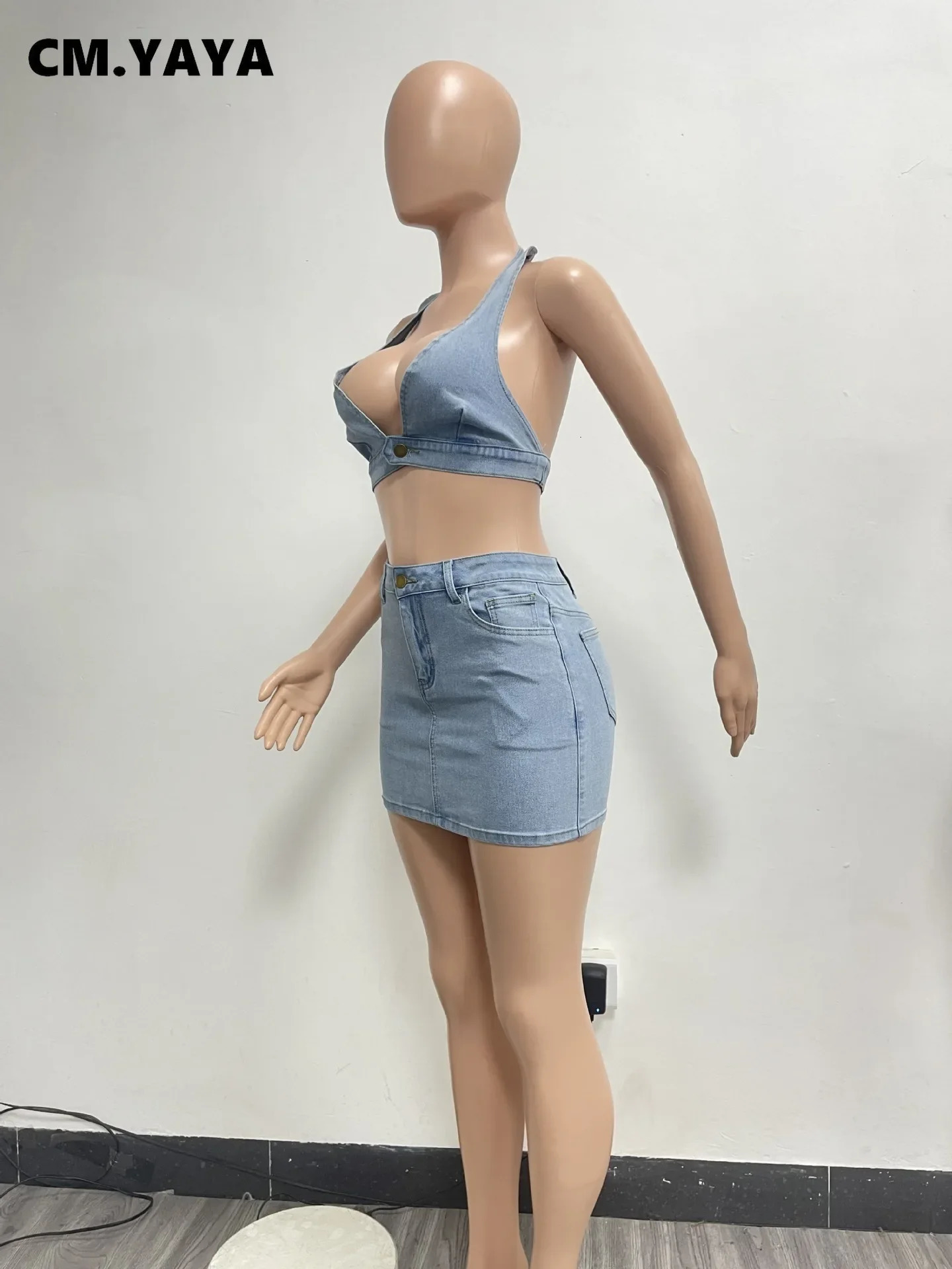 CM.YAYA Summer Denim Women Set Sleeveless Halter Vest Tops and Jeans Skirts Street Backless Two 2 Piece Sets Outfit Tracksuit 250224
