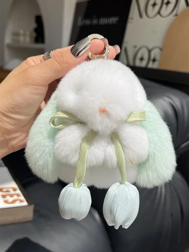 Cute Real Rex Rabbit Fur Keychain Mini Bunny Pendant Women Bag Charm Car Key Ring Ornaments Plush Toy Trinkets Classic Gift 250224