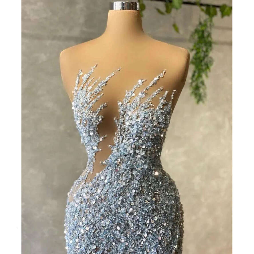 Sparkly Blue Sequins Beaded Mermaid Prom Dresses Sexy Sheer Neck Plus Size Sweep Train Formal Evening Ocn Gowns 6660305