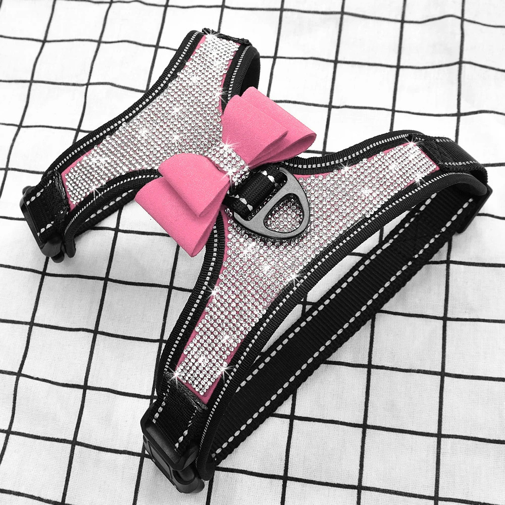 Reflective Dog Harness Nylon Pitbull Pug Small Medium Dogs Harnesses Vest Bling Rhinestone Bowknot Dog Accessories Pet Supplies 250224