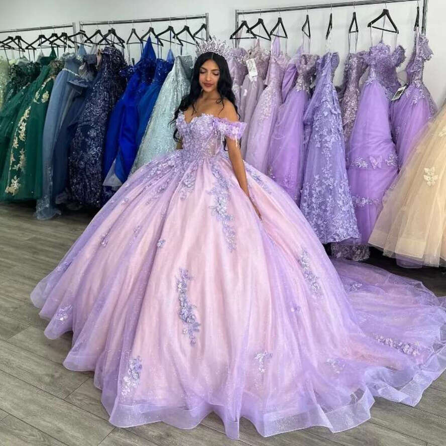 Lilac Shiny Off The Shoulder Sequined Appliques Beading Crystal Ball Gown Quinceanera Dresses Corset Vestidos De 15 Anos