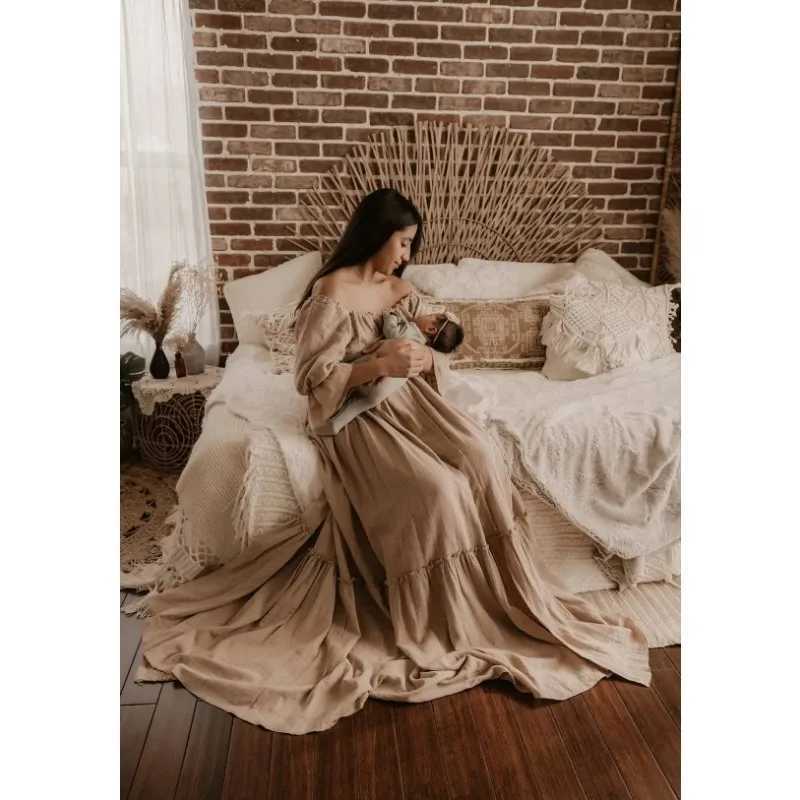 Linen Cotton Floor Mopping Dress Photo Shooting Pregnancy Bohemian Dress Maternity Photography Props Photoshoot Clothing X250224