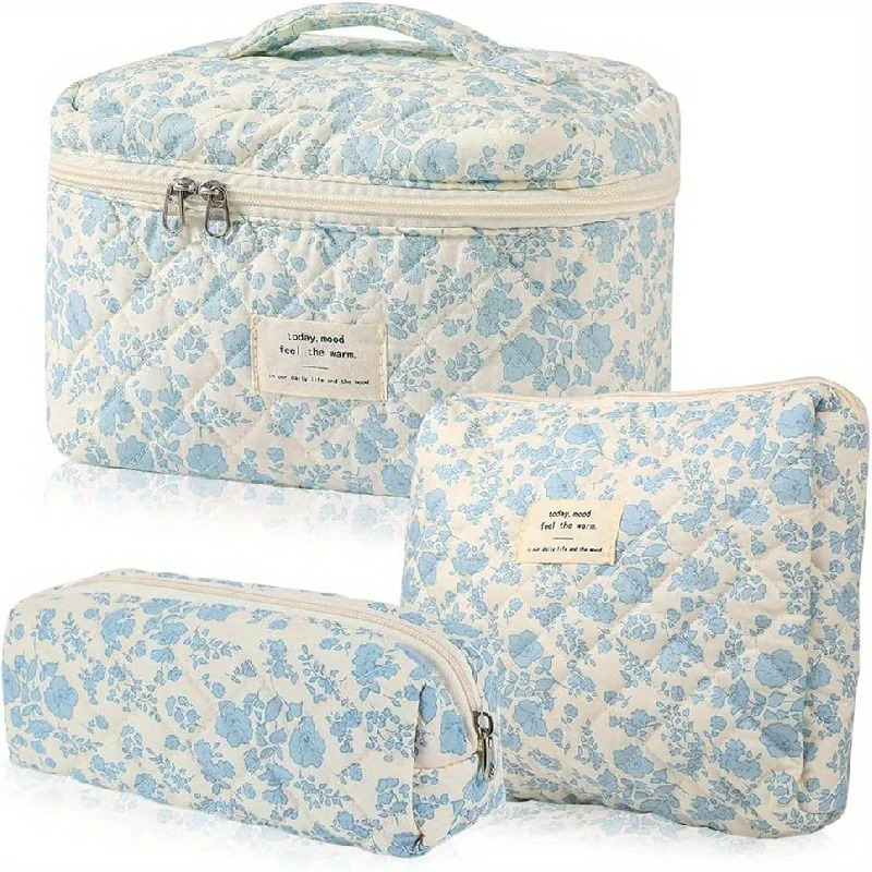 3 Pcs Classic Flower Pattern Makeup Bag Set Lightweight Versatile Carry All Cosmetic Bags 250221