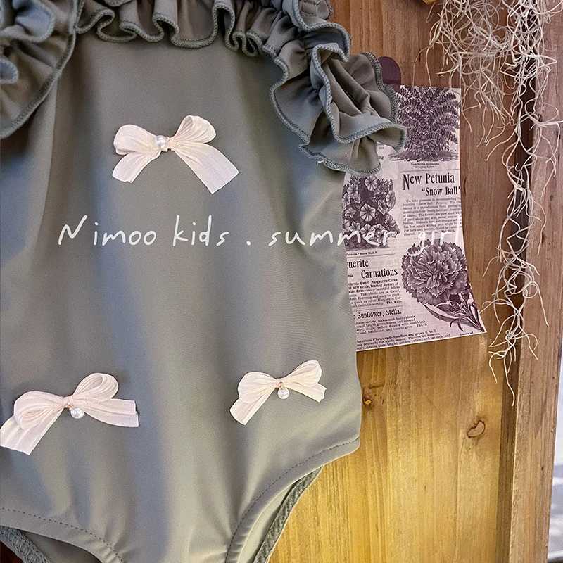 Girls Short Sleeve One Piece Swimsuit Swimming Cap Set Three Pearls Bow X250224
