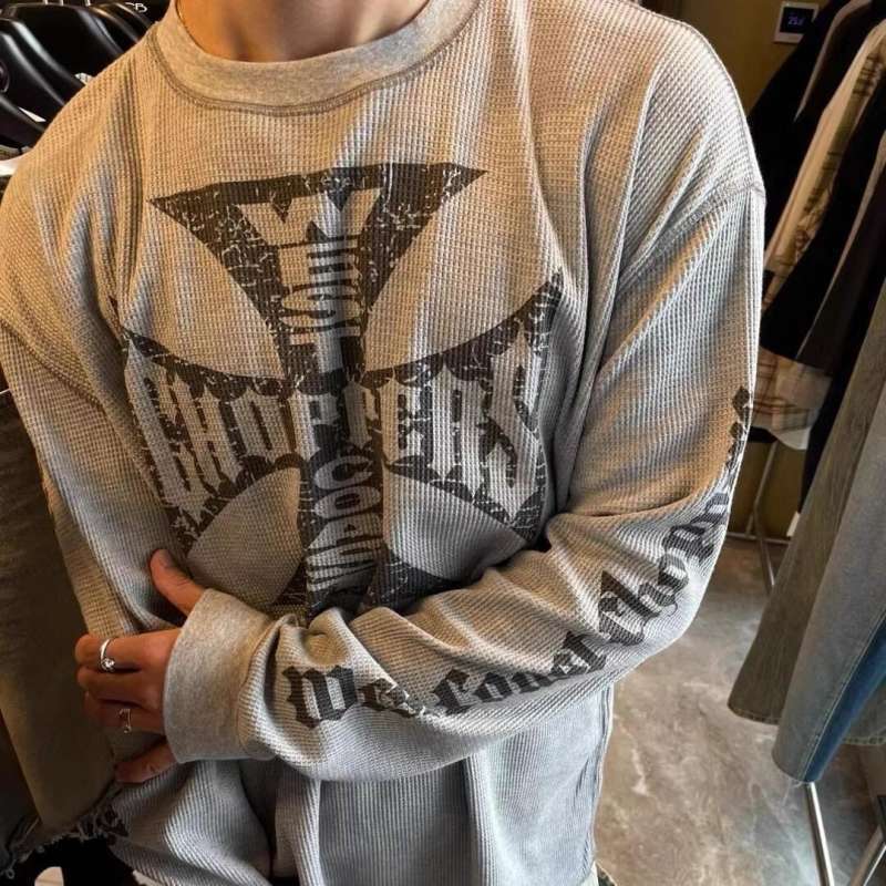 Large fashion brand Waffle fabric men's casual American Gothic style long sleeved T-shirt base shirt for spring