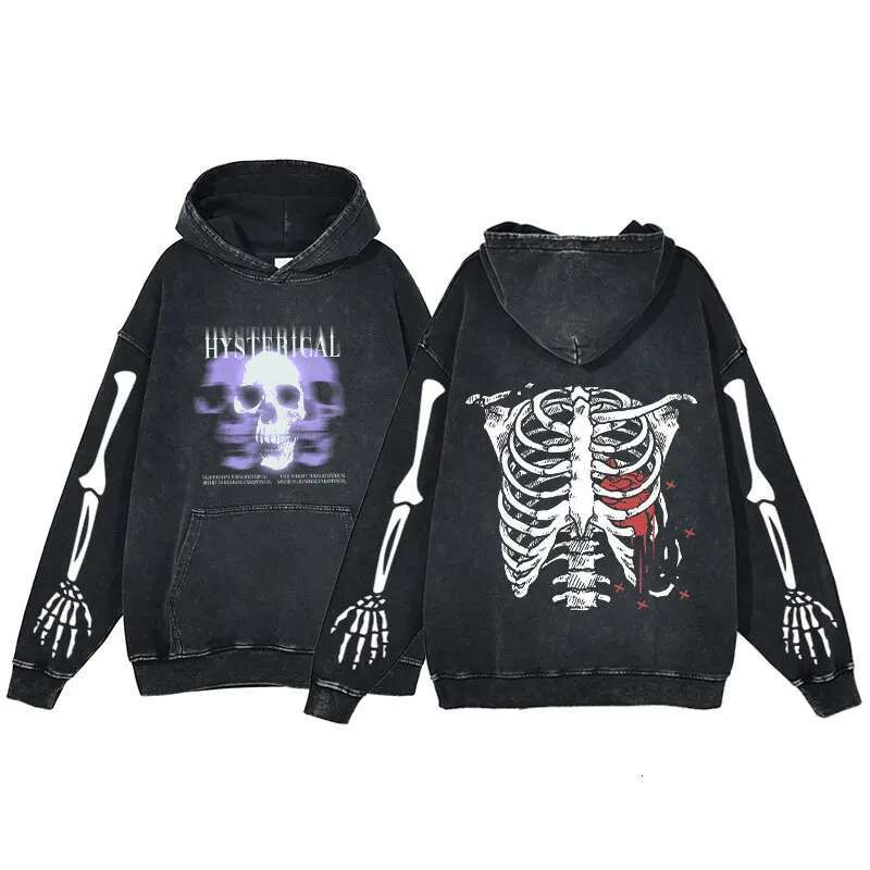 Acid Washed Anime Hoodie Women Fashion Sweatshirts Skeleton Printing Winter Streetwear Oversized Y2k Loose Casual Pullovers Tops