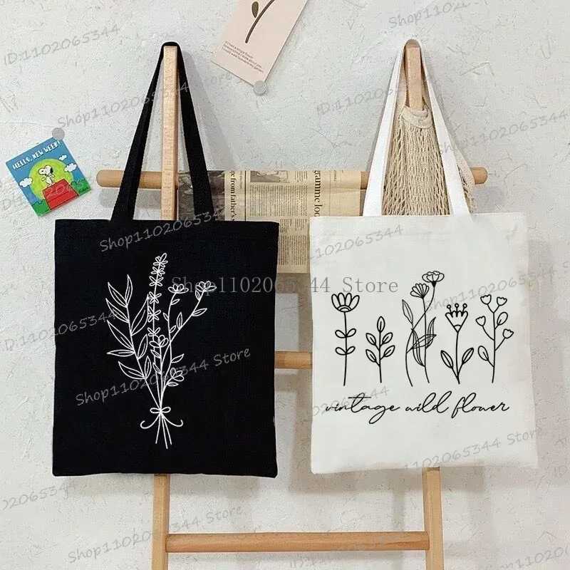 Vintage Wildflower Funny Canvas Tote Bag Women Butterfly Flower Shopping Bag Simplicity Aesthetics Reusable Female Shoulder Bag Z250224