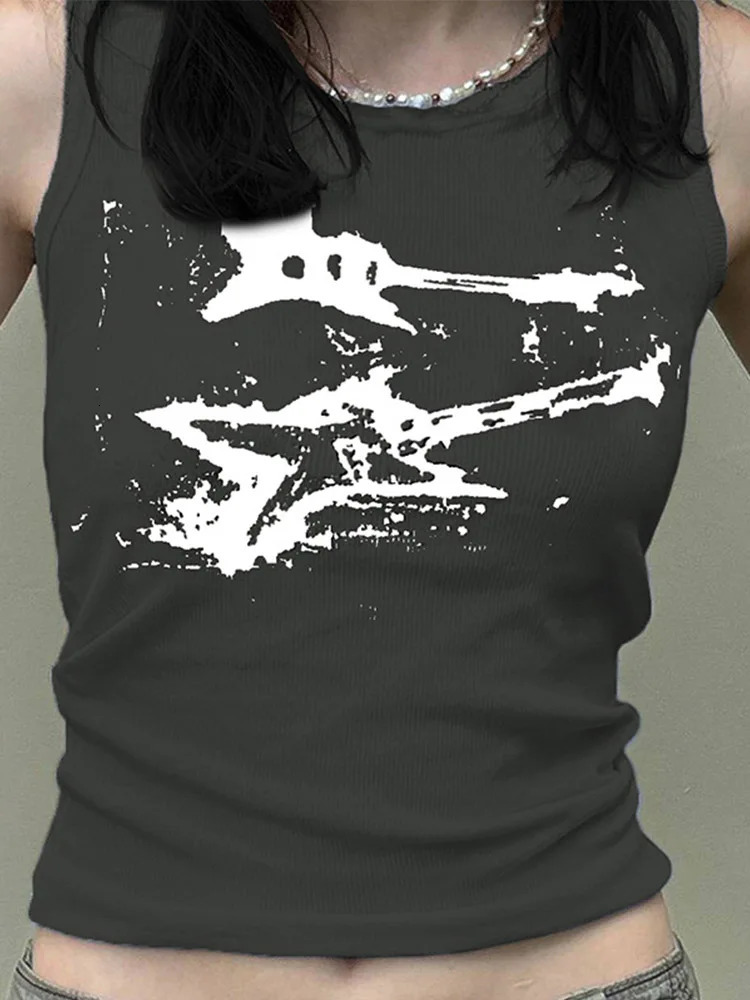 Guitar Print Sleeveless Tank Top Y2K Casual Ribbed Women Grunge Crop Top Harajuku Fashion Vest Tee 90s Street Outfits 250225