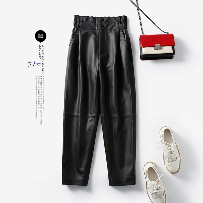 Genuine leather pants women winter fashion elastic high waist pants women harem pants casual trouser female 250224