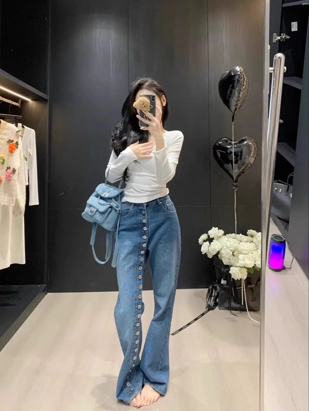 American Breasted Vintage Blue Wash Jeans Woman Y2K Streetwear Hip-hop Loose Casual Harajuku High Waist Straight Jeans 250225
