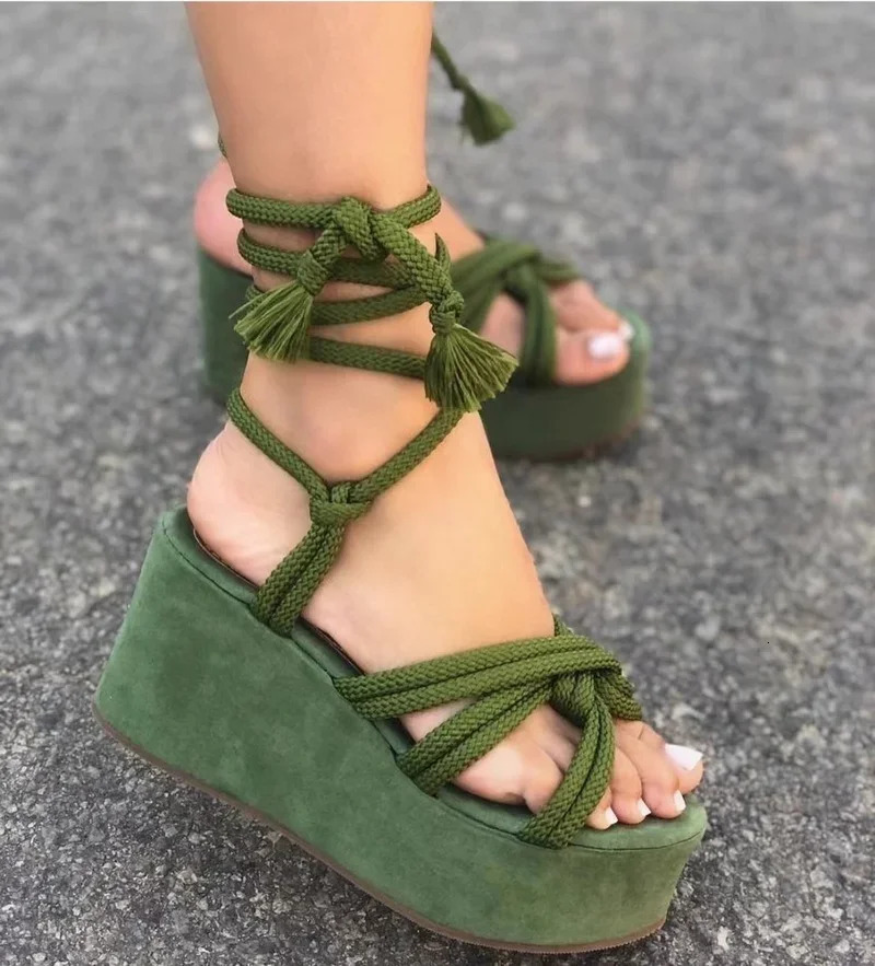 2024 Summer Platform Wedge Sandals for Women Fashion Round Toe Cross Tied Height Increase Open Toe Femme Sandal Plus Size 43 250224