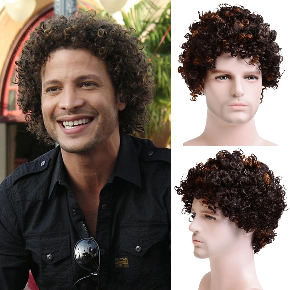 Men Short Curly Synthetic Wigs for Mens Daily Wig Mix Male Curly Natural Hair Heat Resistant Breathable 250224