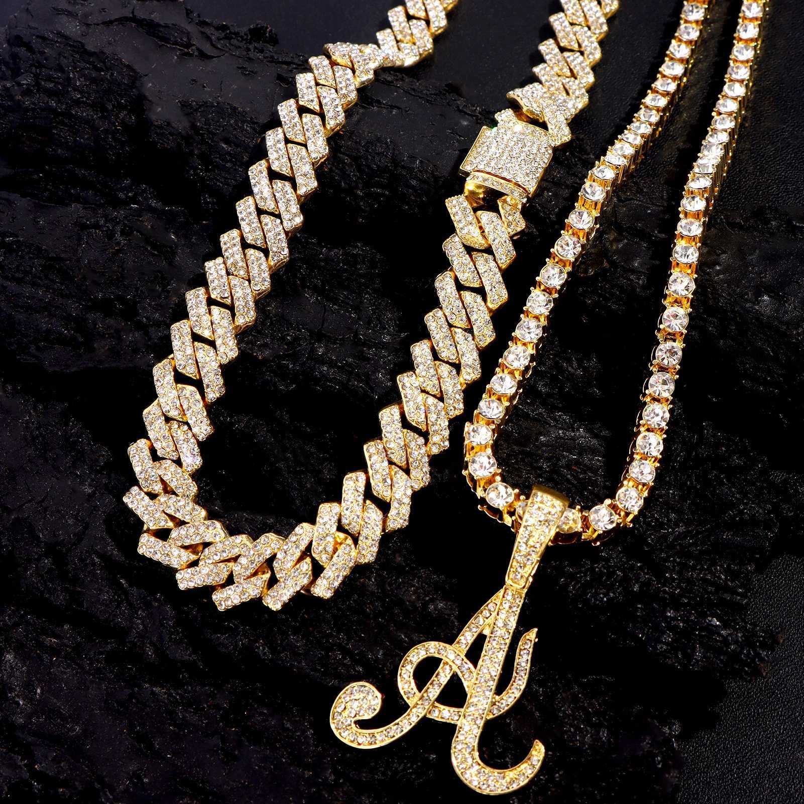 d Out Prong Cuban Chain Choker Necklace Bling Crystal Cursive Initial Tennis Chain Letters Pendant Necklaces Birthday Jewelry X250224