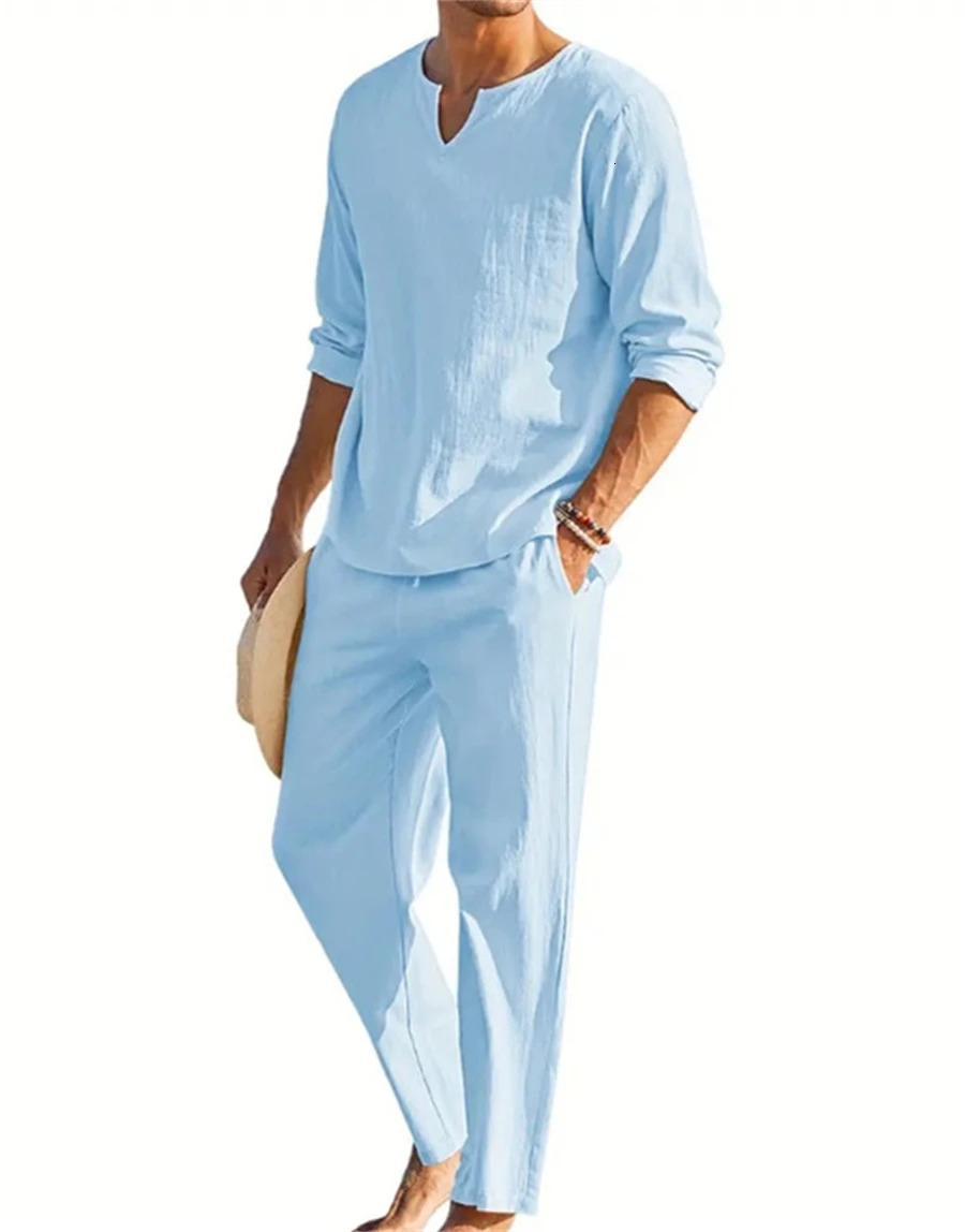 Spring and autumn explosive mens Solid color V-neck shirt and pants trend casual sports fashion suit 250224