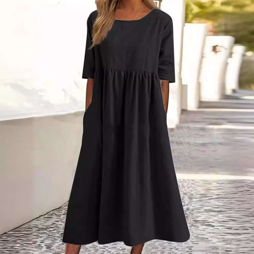 Spring/Summer New Round Neck 5-Cent Sleeve Large Casual Loose Long Solid Color Cotton And Hemp Dress