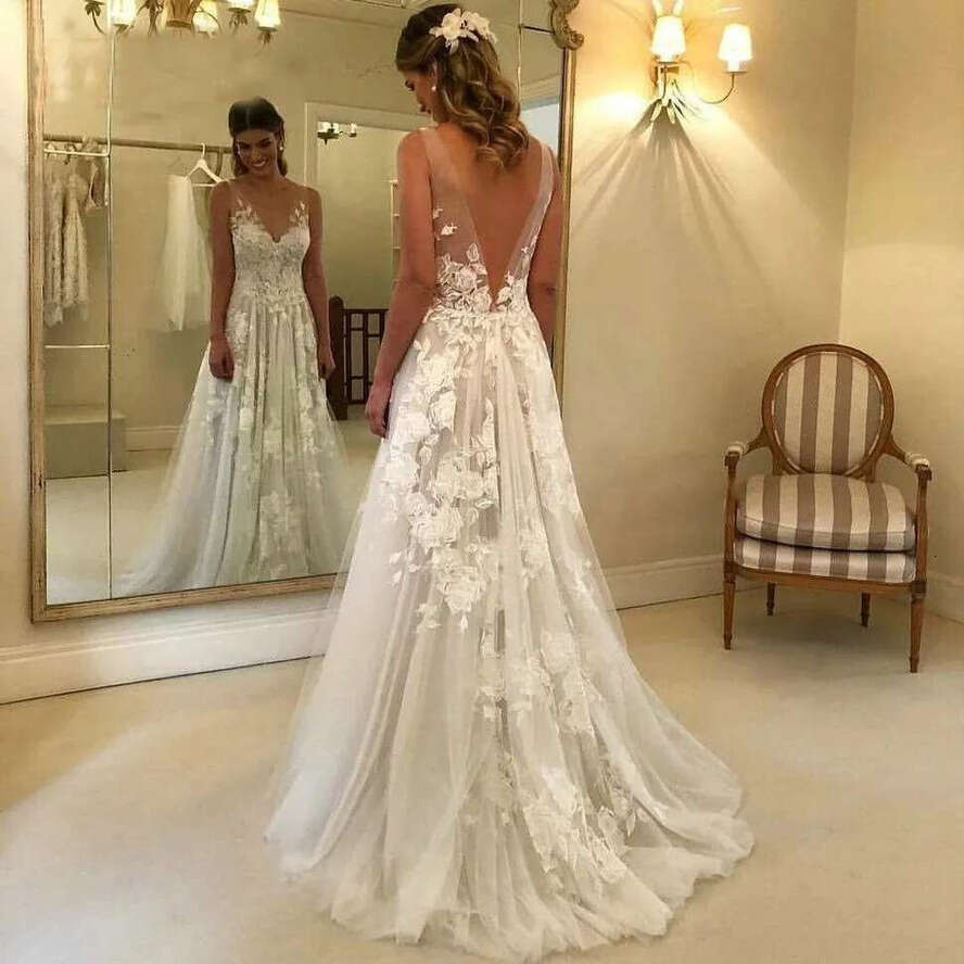 A E Wedding Dress V Neck 3D Ral Appliques Bridal Gowns Saudi Arabic Backless Bride Vestido De Novia