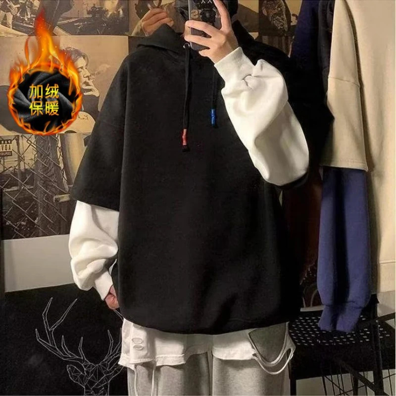 Winter Round Neck Long Sleeve Fashion Sweatshirts Man High Street Casual Loose Pullovers Fake Two Pieces Thick Drawstring Hoodie 250224
