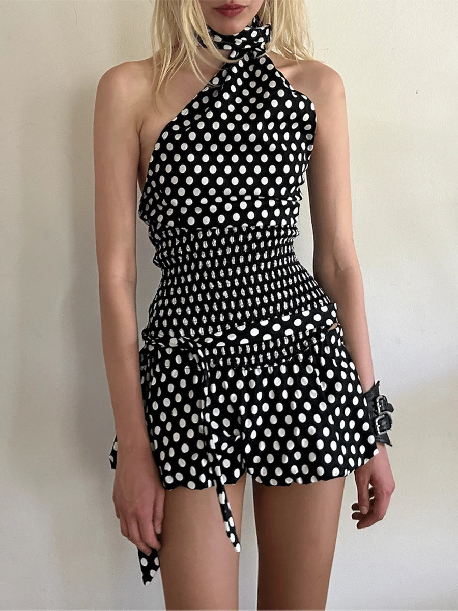 Women 2 Piece Skirt Outfits Summer Sleeveless Backelss Halter Tank Tops Low Waist Print Bubble Mini Skirt with Belt Clubw Y2K 250224