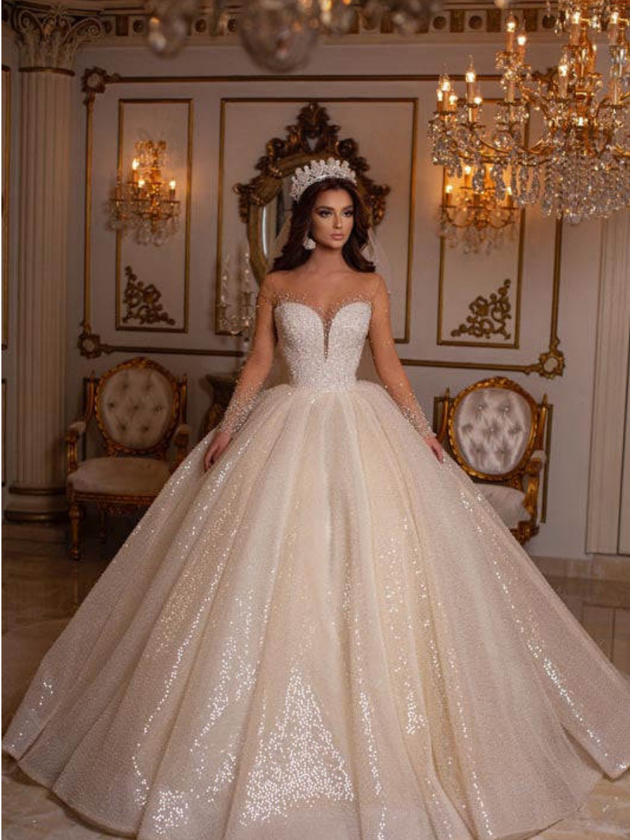 Glitter Ball Gown Wedding Dresses Strapless Sweetheart Lace Crystal Appliques Beaded Bling Sequins Court Gown Customized Bridal Gown Vestidos De Novia