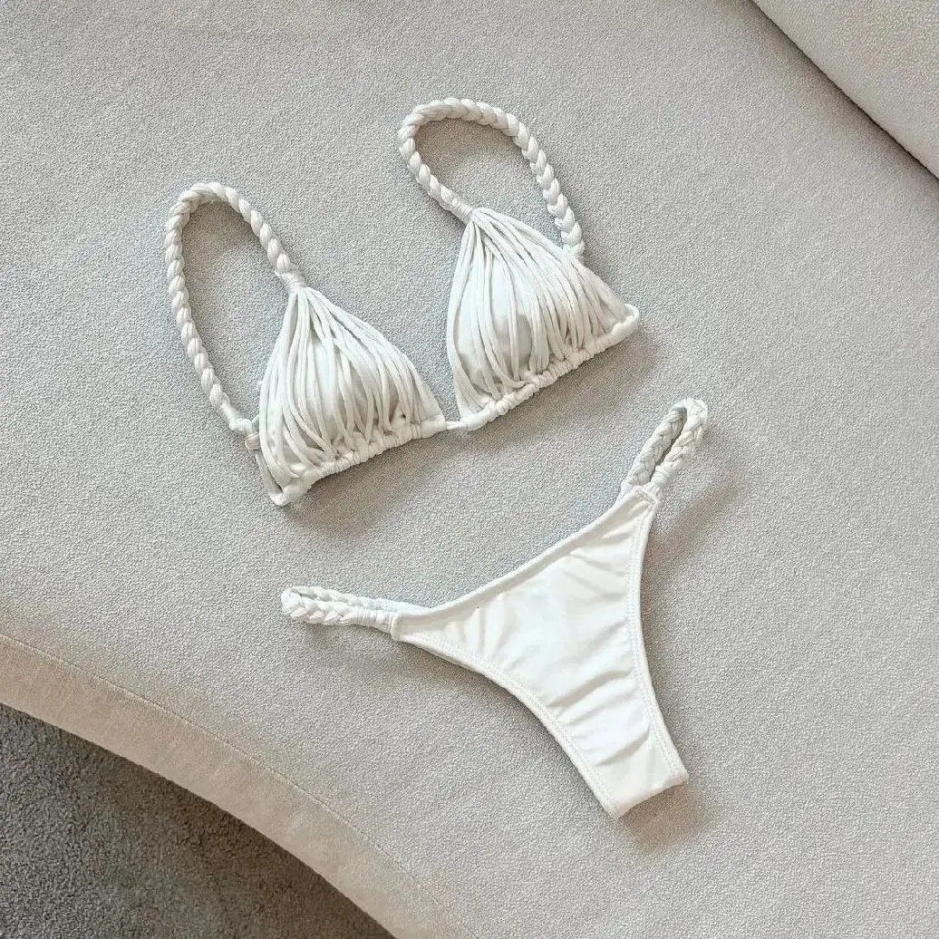 Sexy Braid Bikini Swimsuit Brazilan Bikini Set Swimwear for Women High Leg Halter Two Piece Bathing Suits Summer Female 250224