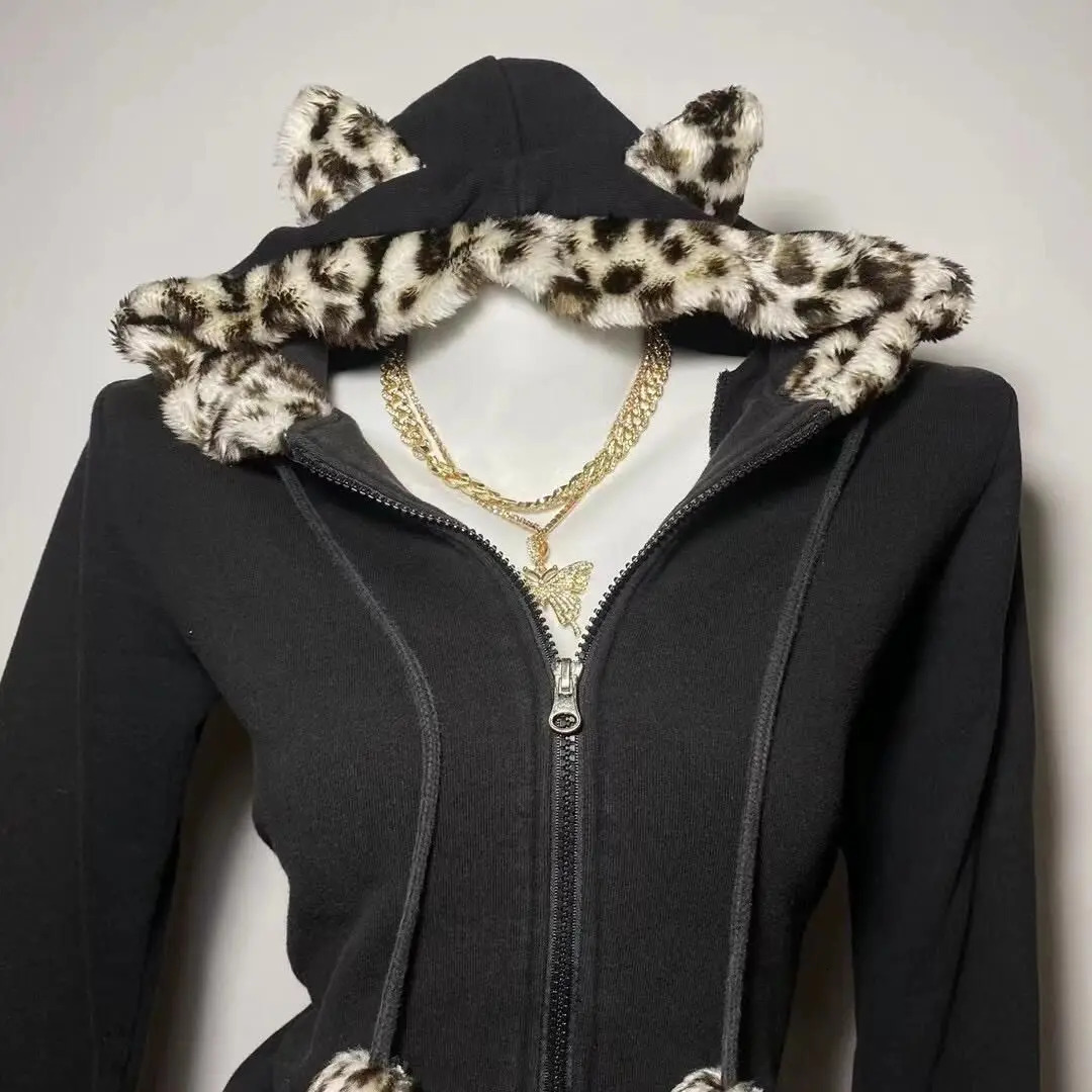 Japanese Cute Ear Leopard Print Hooded Zipper Sweatshirt Fashion Street Slim Sweatshirt Harajuku Y2k Hooded Sweatshirt 250225