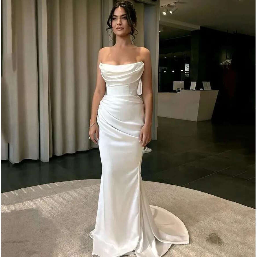 Elegant White Mermaid Wedding Dress For Women 2024 Strapless Pleast Silk Satin Bridal Party Growns Vestido De Noiva