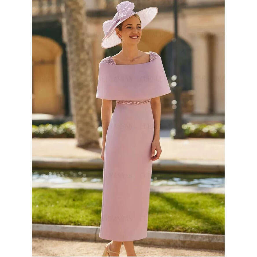 Pink Mother Of The Bride Dresses 2025 Soop Beading Pearls Bow Satin Sheath Ankle Length Wedding Guest Party Dress Plus Size Vestidos De Madrina