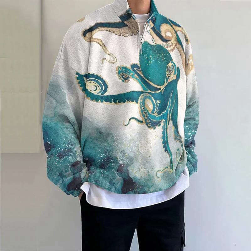 Autumn/Winter New Men's Casual Stand up Collar Zipper 3D Digital Printed Top