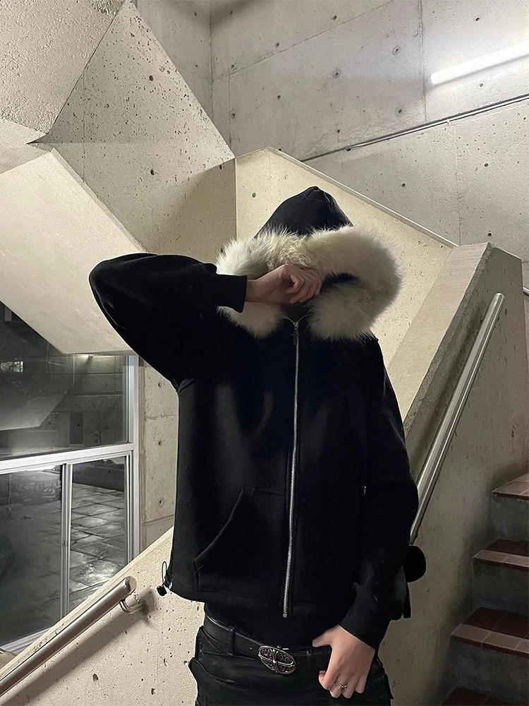Faux Fur Collar Harajuku Hiphop Zip up hoodie Oversized Zipper Hoodie sweatshirt Retro Rock Goth Streetwear Jacket Y2k Clothes 250224