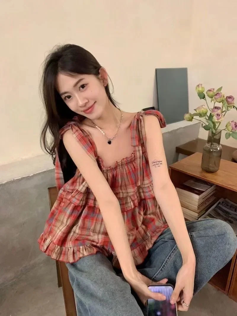 Y2K Women Summer Acubi Japan Vintage Gyaru Tanks Camis Lace Up Green Crop Top Plaid Strap Sleeveless Tank Tops Clothes 250224