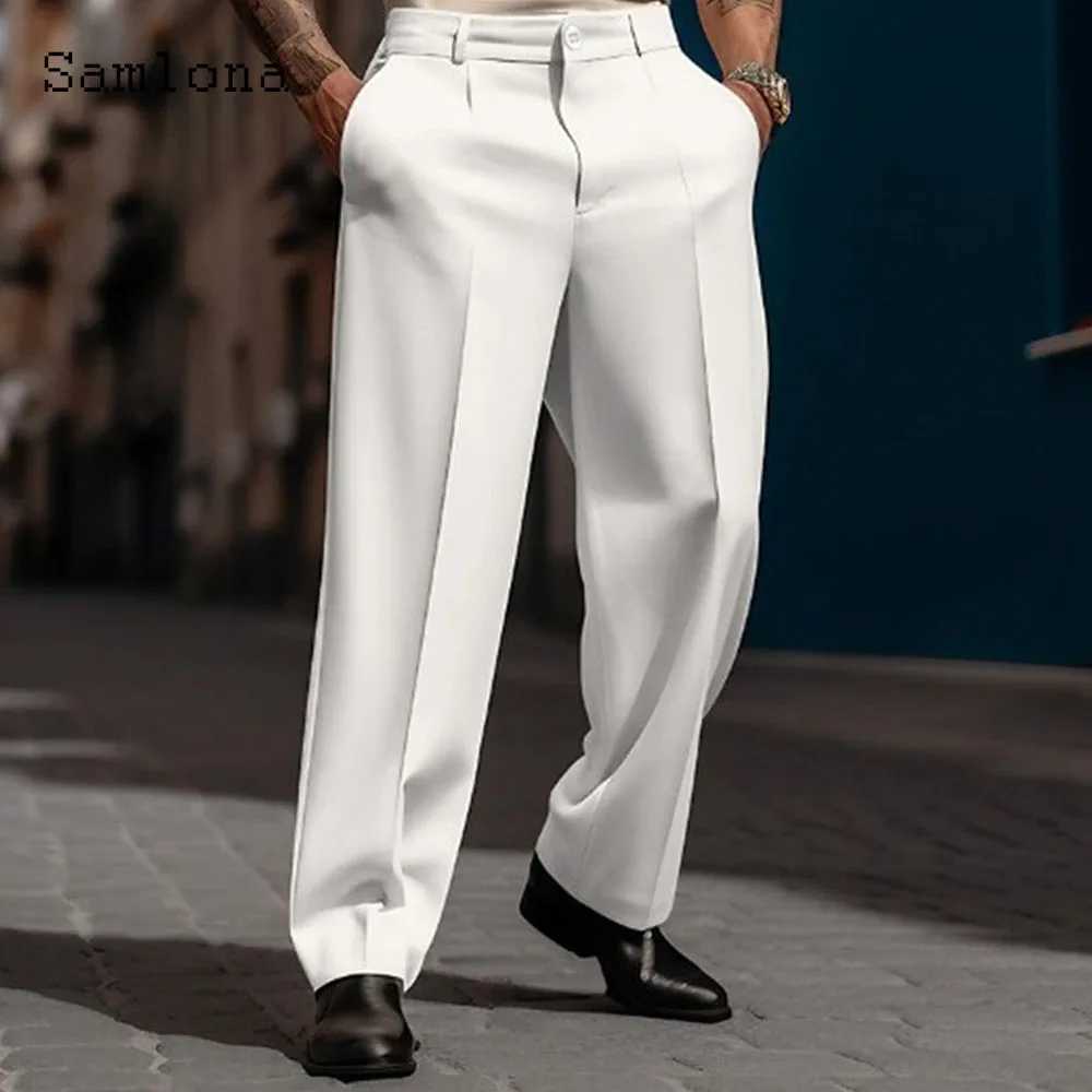 2023 Mens Stand Pocket Elegant Wide Leg Pants Solid White Party Wedding Trousers Plus Size Mens Fashion Buttons Up Suit Pants W250225